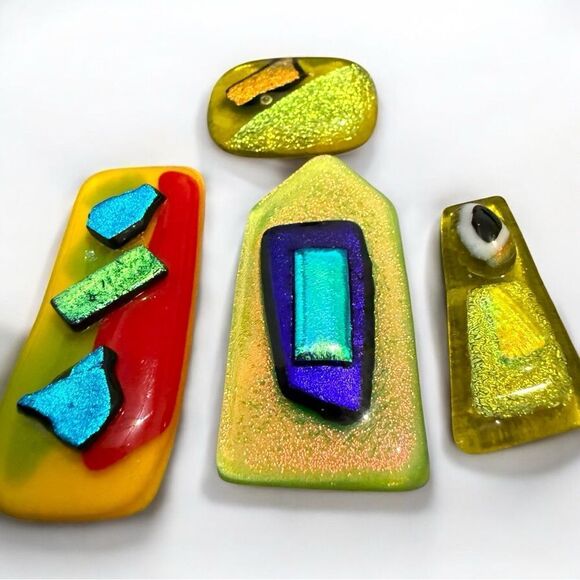 Set of 4 Dichroic Glass Art Pieces – Bright Abstract with Rainbow Accents - Picture 17 of 17